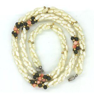 PEARL, ANGEL SKIN CORAL, GREEN JADITE torsade necklace 23" vintage